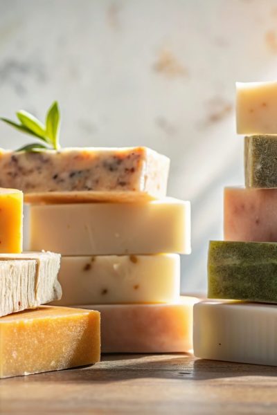 Artisanal soaps on neutral background in sunlight