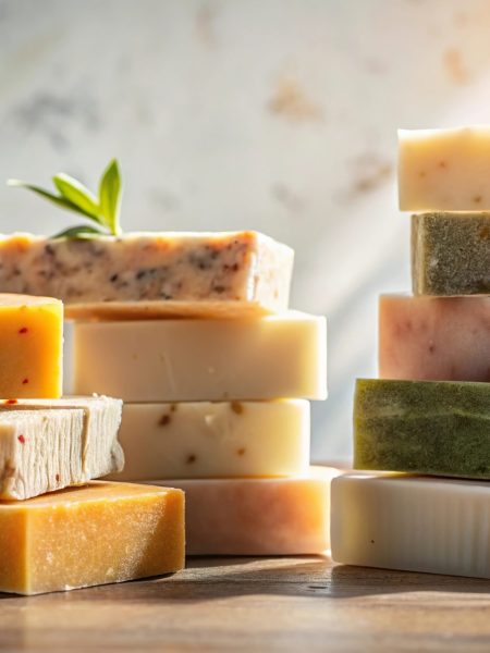 Artisanal soaps on neutral background in sunlight